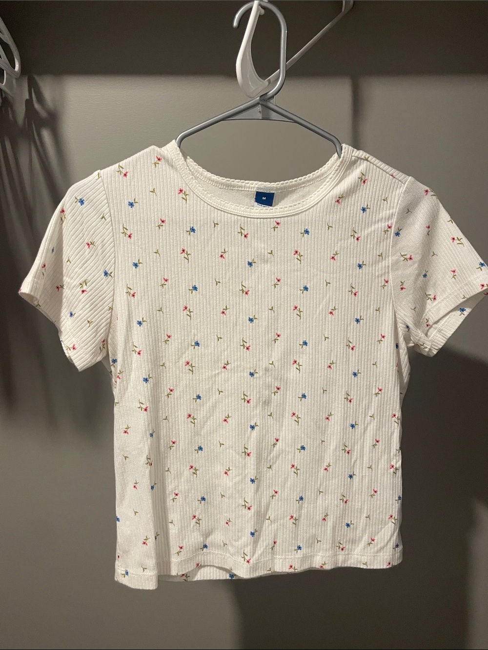 White Ribbed Tee with Tiny pink & Blue Floral Print